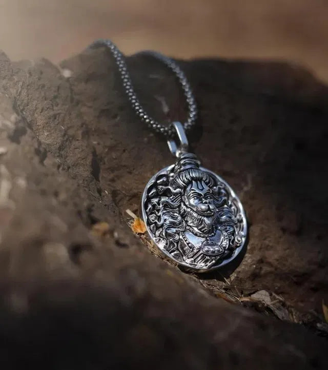 Spiritual Hanuman Ji Pendant Necklace for Men & Women | Antique Silver Finish Religious Locket with Chain