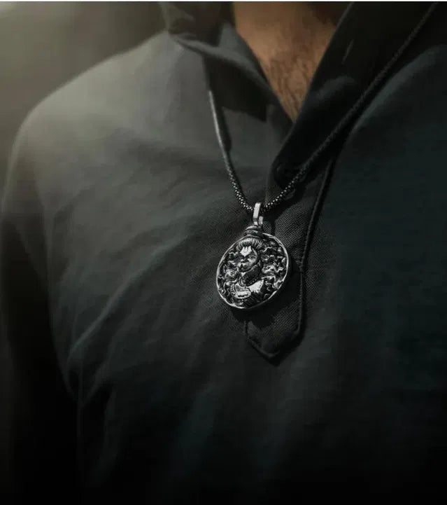 Spiritual Hanuman Ji Pendant Necklace for Men & Women | Antique Silver Finish Religious Locket with Chain